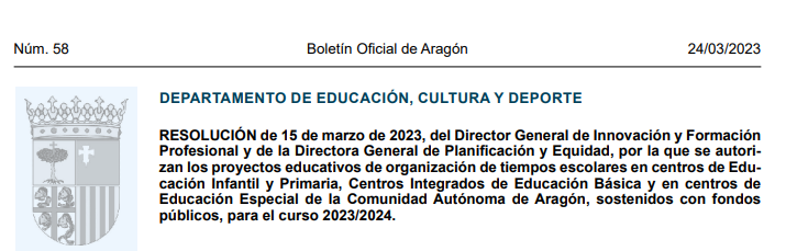 Resolución autorización proyectos de organización de tiempos escolares Curso 2023-2024
